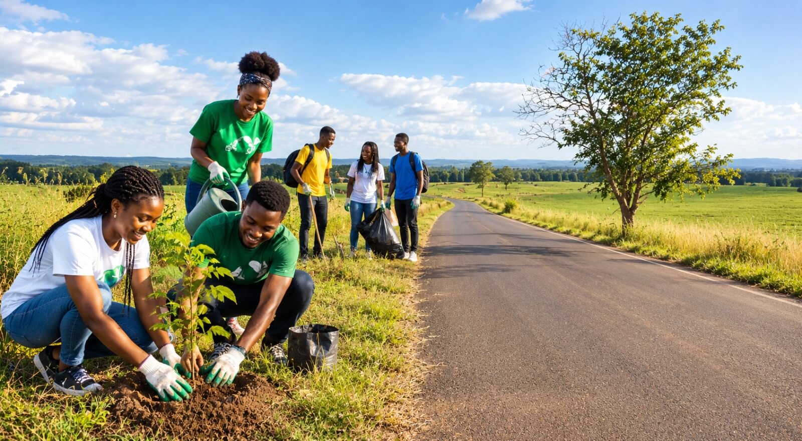 Young people planting a tree beside a country road