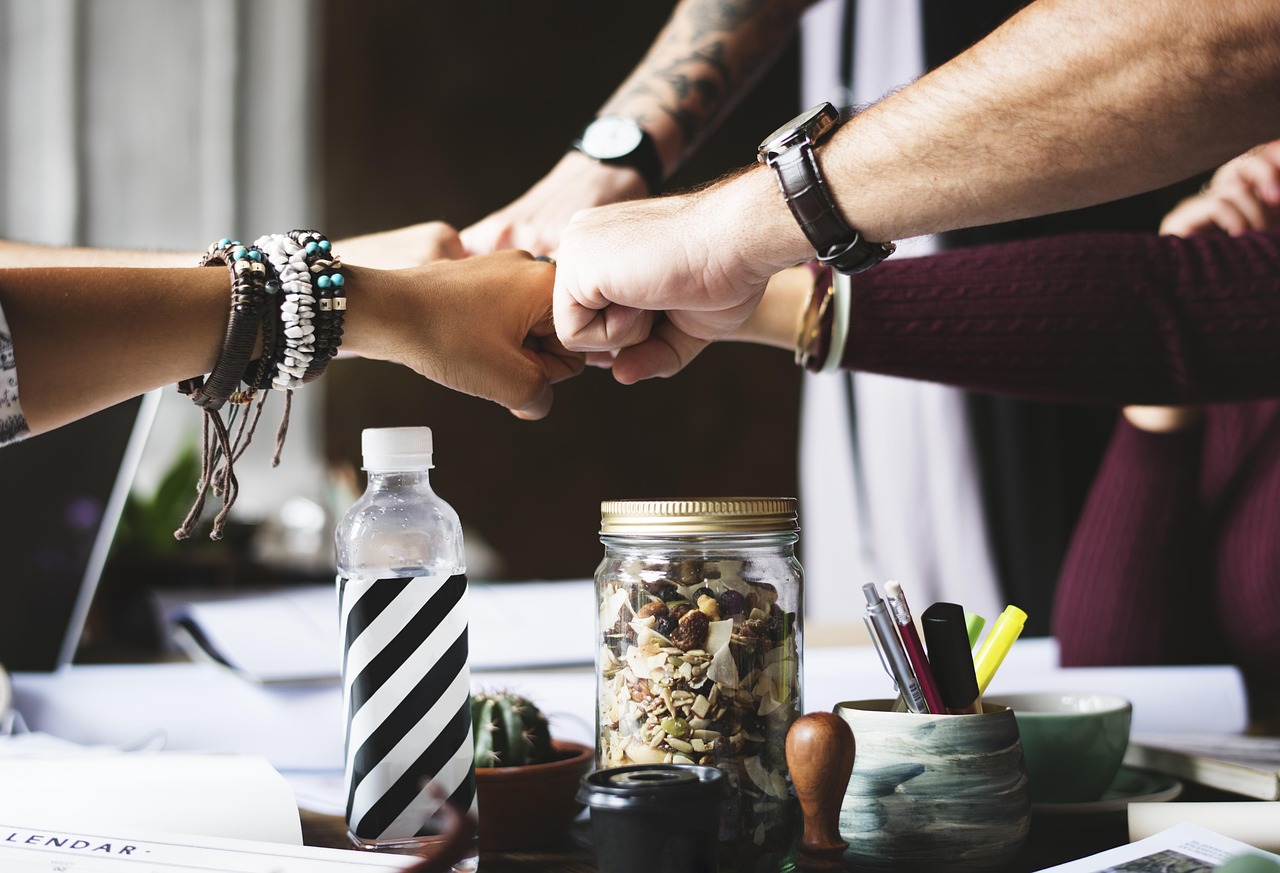 Colleagues fist-bumping in agreement over shared work